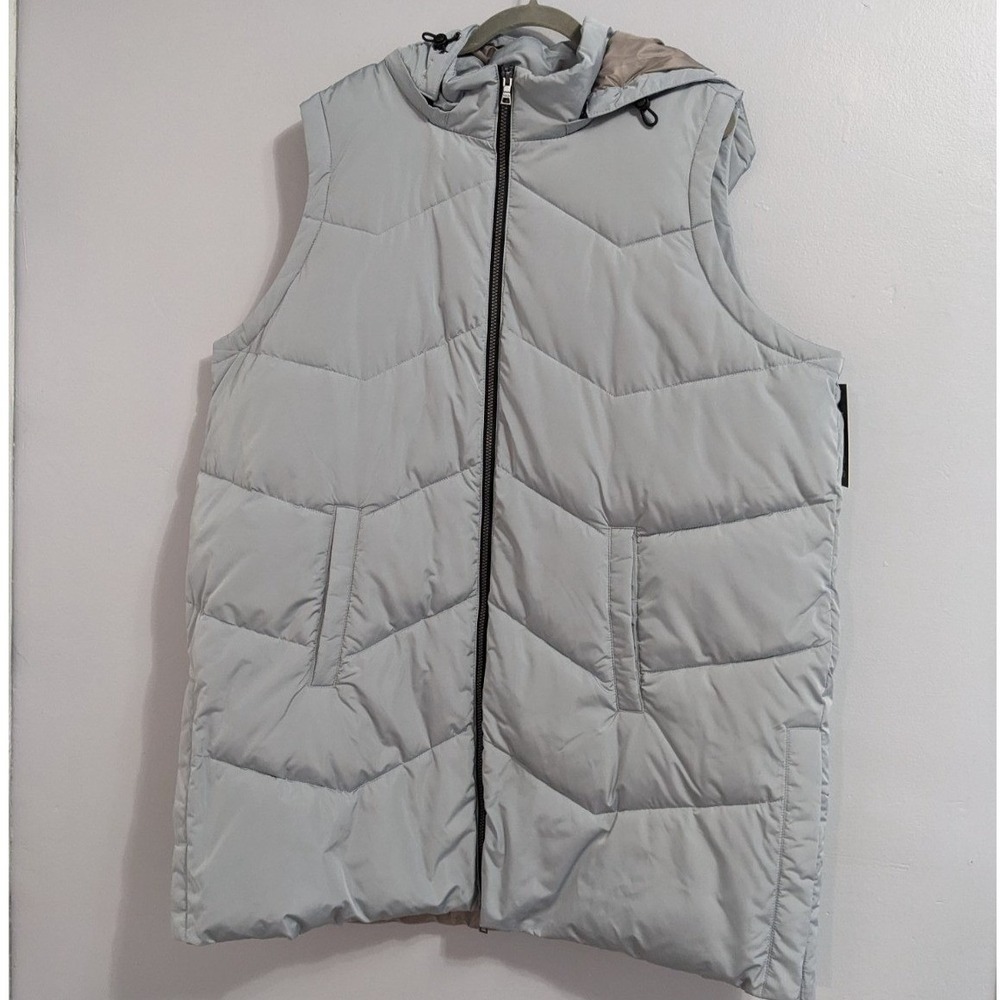 Nuage Chevron Quilted Long Puffer Vest Coat Removable Hood Blue-Gray 2X NWT